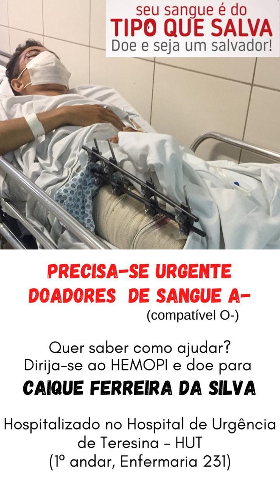 Jovem precisa de doação de sangue
