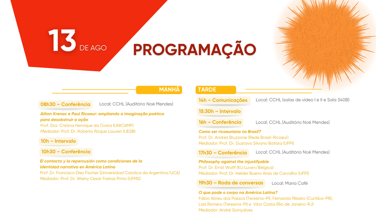 Programação do dia 13 de agosto