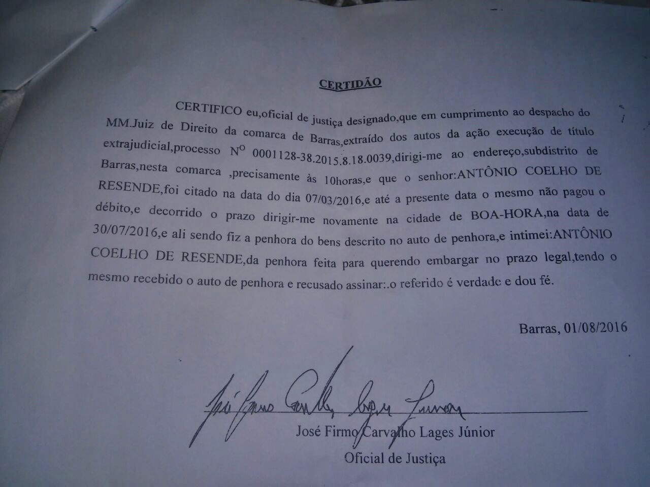 Certidão assinada pelo oficial de justiça 