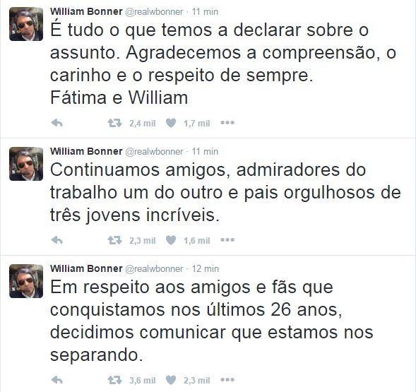Willian Bonner anuncia o fim do casamento