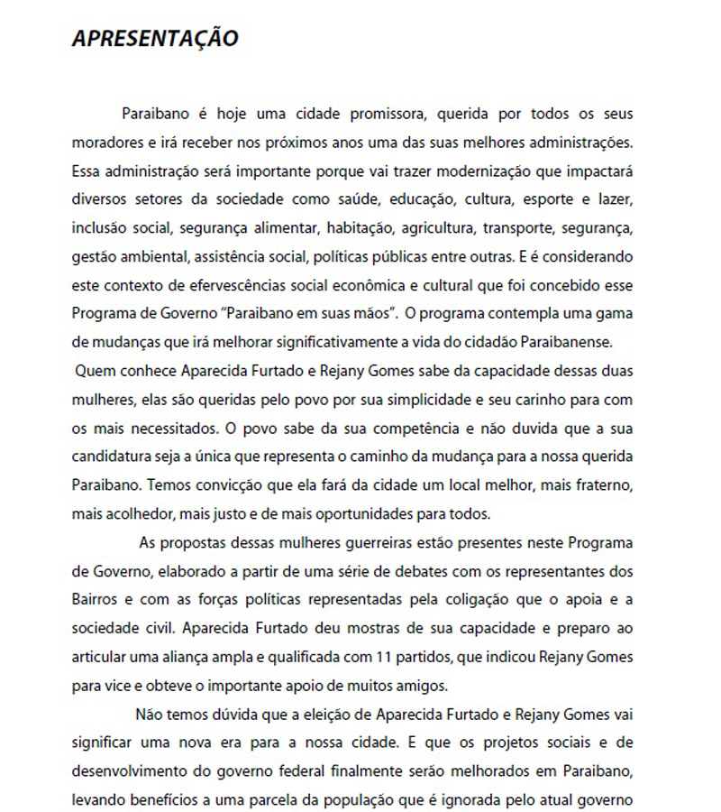 Plano de governo de Aparecida Furtado, do Maranhãp