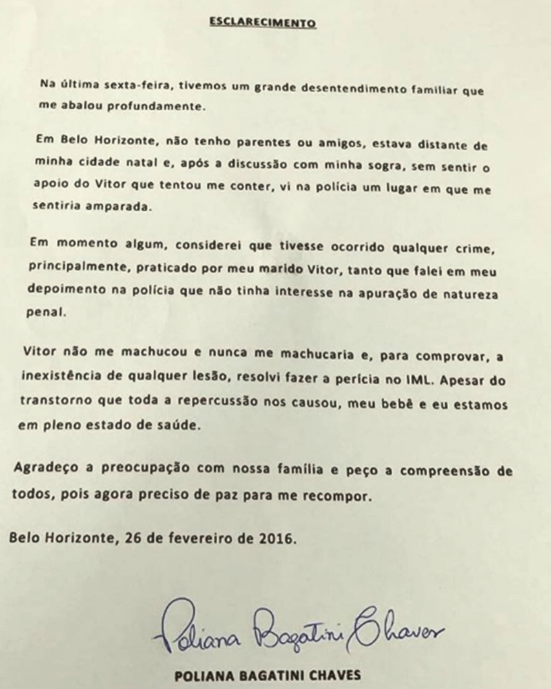Carta divulgada por Poliana Bagatini