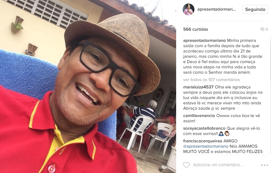 Mariano Marques comemora primeira saída de casa com a família após ter sido esfaqueado