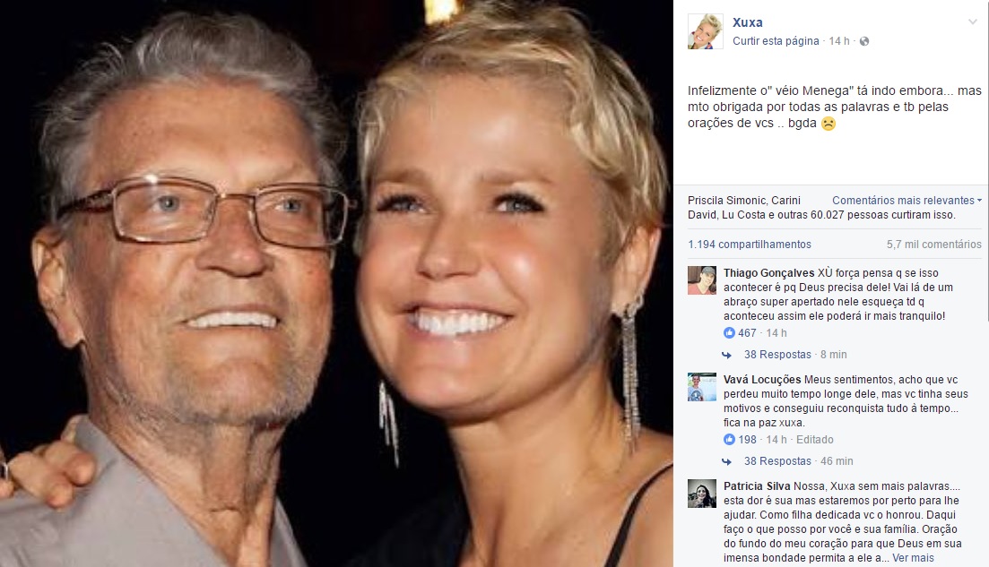 Xuxa lamenta a morte do pai