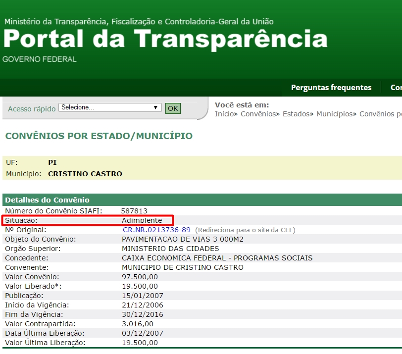 Município está adimplente com o convênio