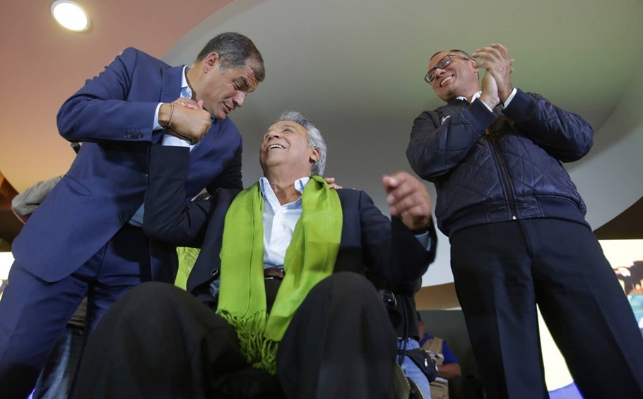 residente equatoriano, Rafael Correa, com o candidato a presidente Lenin Moreno e o vice Jorge Glas