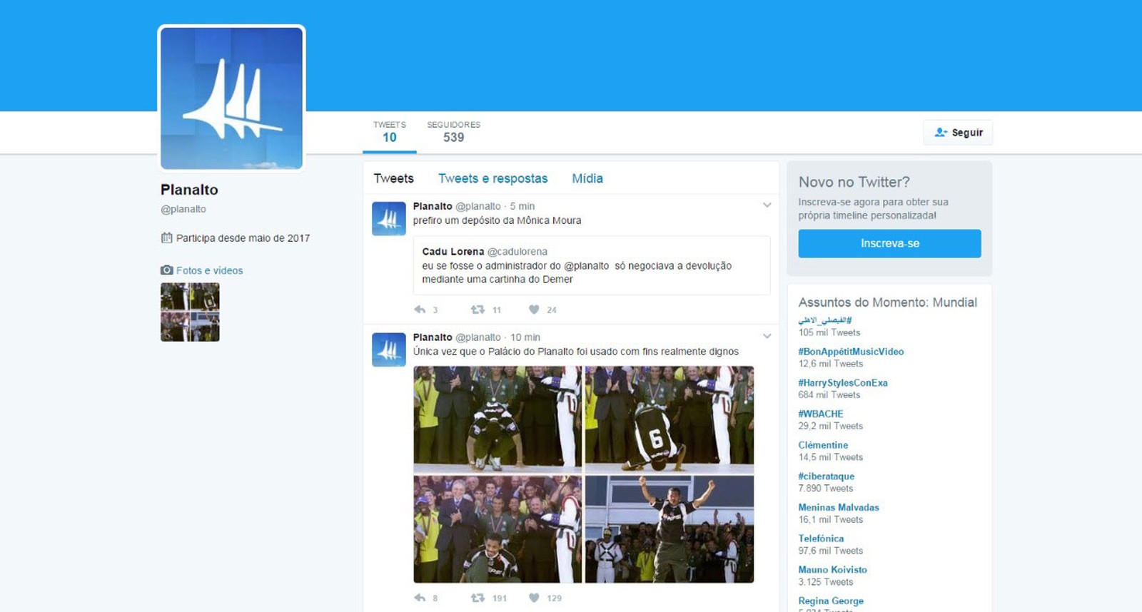 Página do Twitter do Planalto