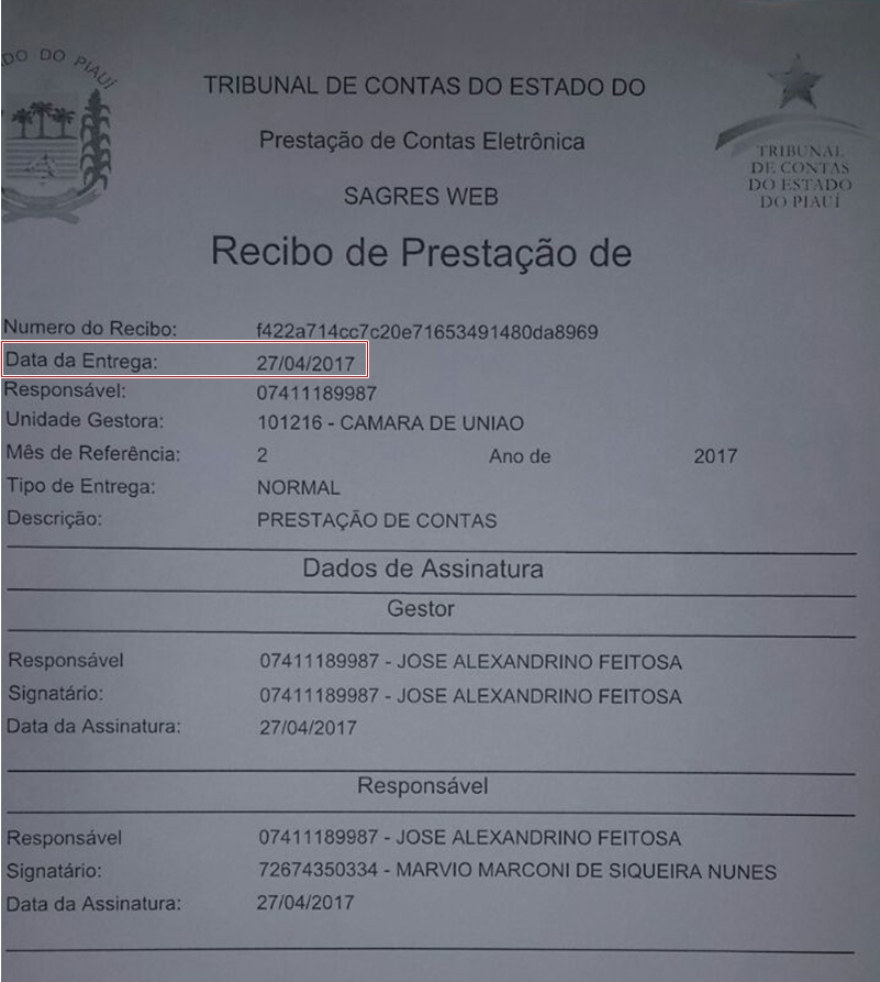 Comprovante do envio do Sagres Contábil da Câmara de União