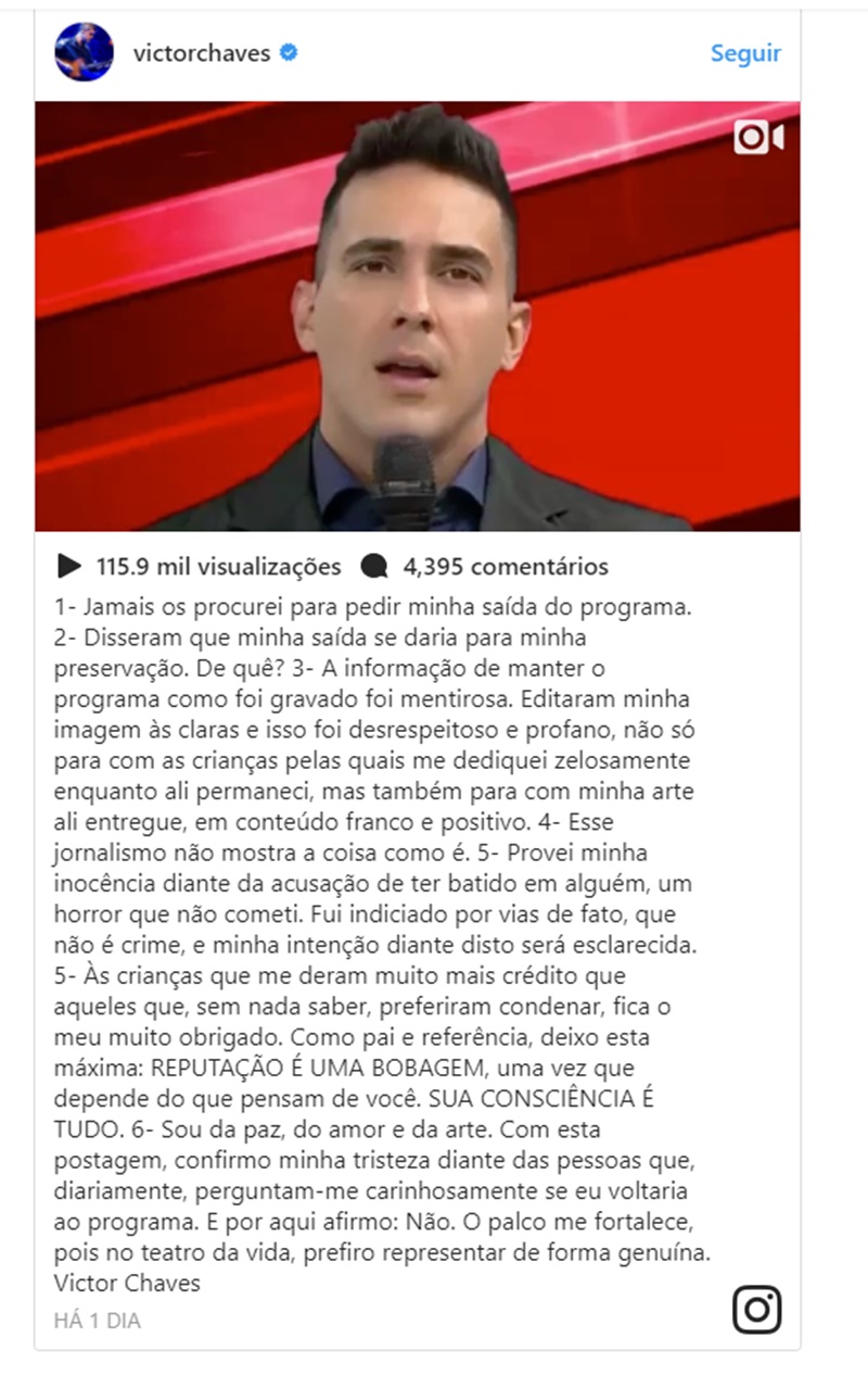 Postagem de Victor em seu Instagram