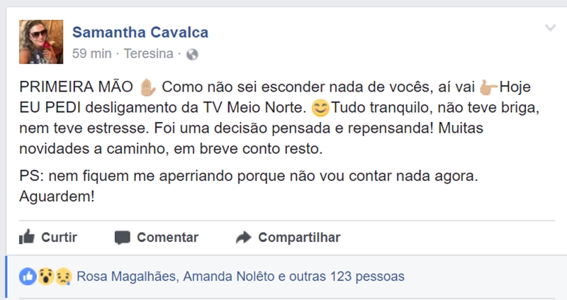 Samantha Cavalca anuncia saída da TV Meio Norte