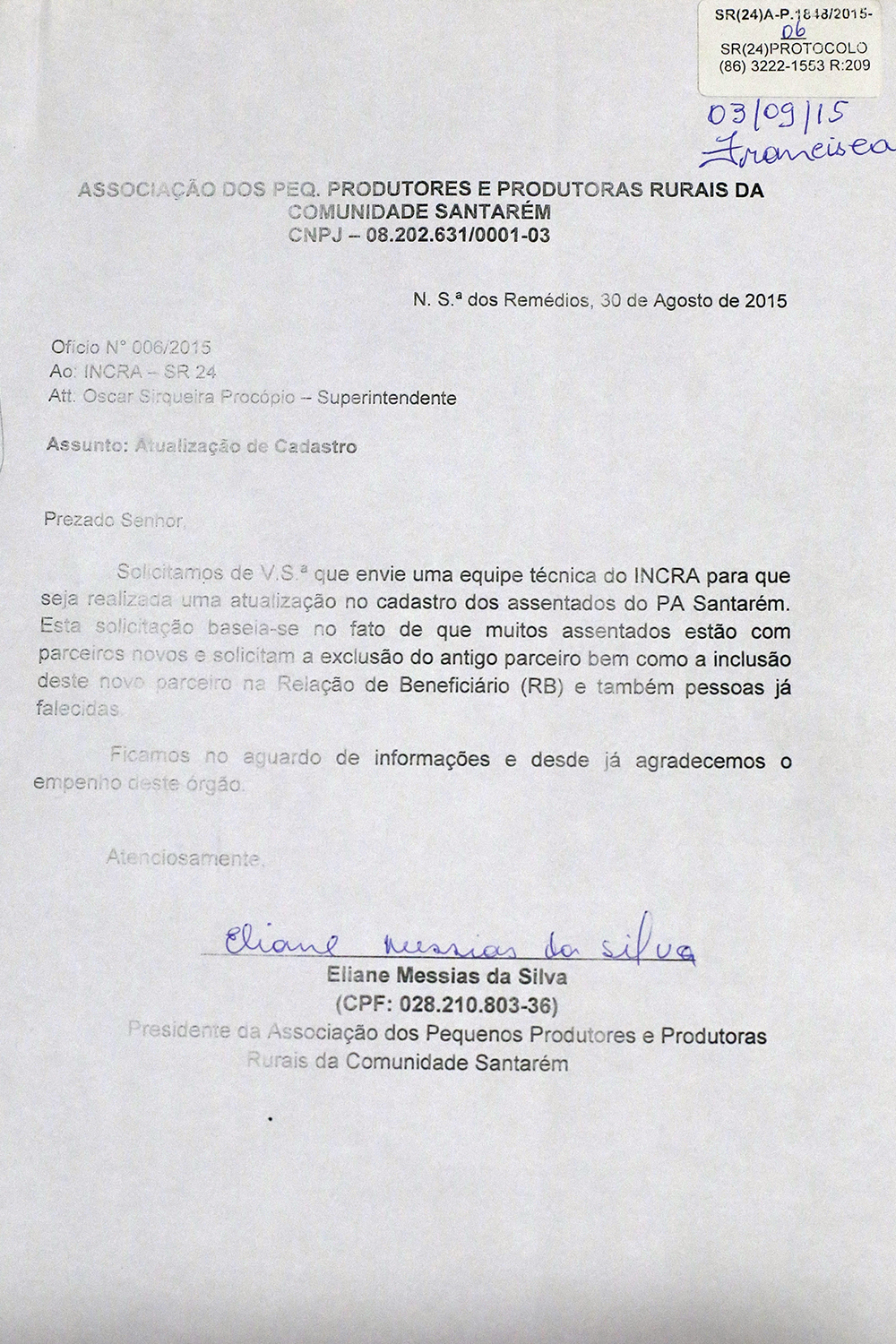 1º Ofício enviado ao Incra por Eliane como presidente da associação 