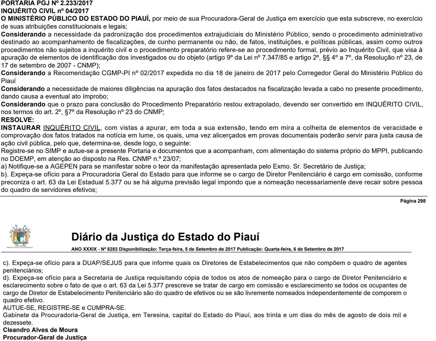 Inquérito Civil instaurado pelo procurador-geral Cleandro Moura