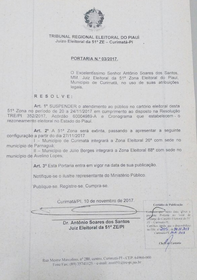 Portaria estabelece extinção da Zona Eleitoral de Curimatá