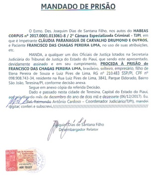 Mandado de prisão de Franly Lima
