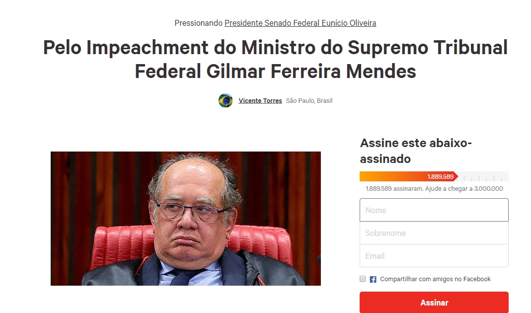 Abaixo-assinado pede o impeachment do ministro Gilmar Mendes