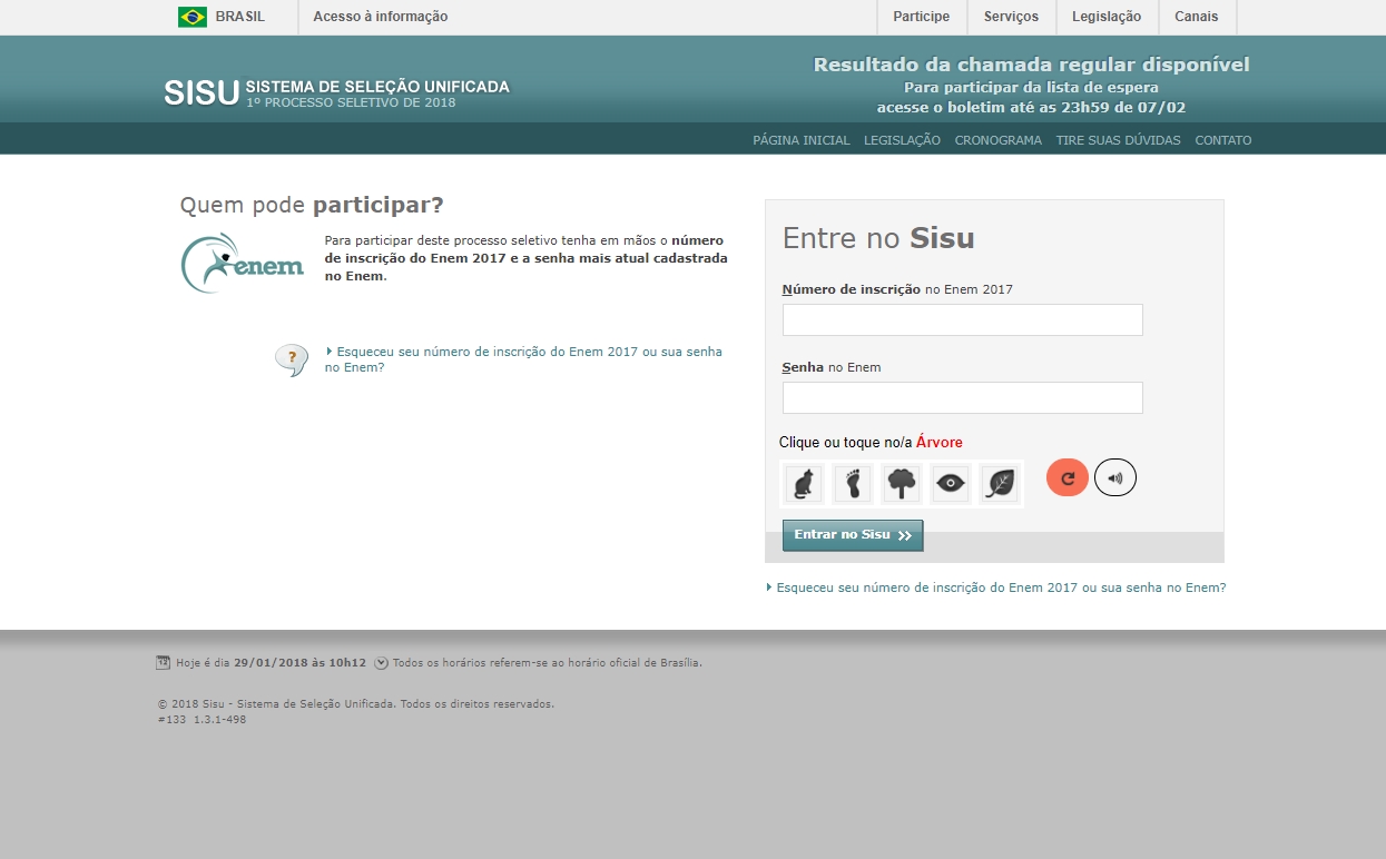 Página de acesso ao resultado do Sisu 2018