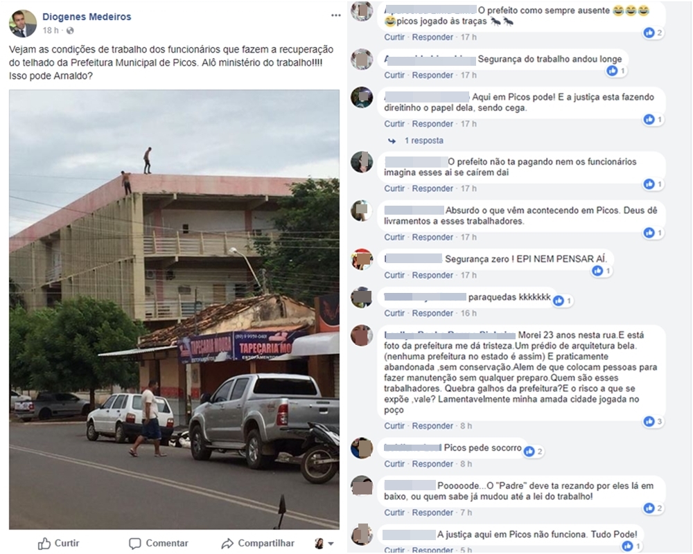 Homens são flagrados trabalhando em teto de prefeitura sem equipamentos de segurança