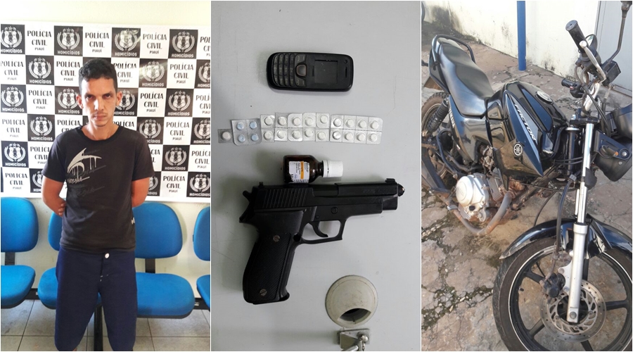 Ernane Luiz de Oliveira Lopes com a moto e material apreendido