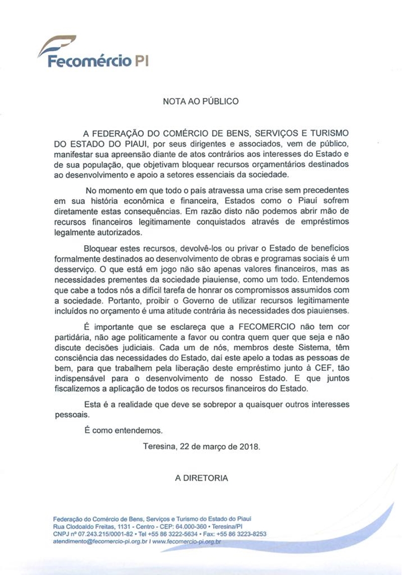Fecomércio emite nota ao público sobre relatório do TCE
