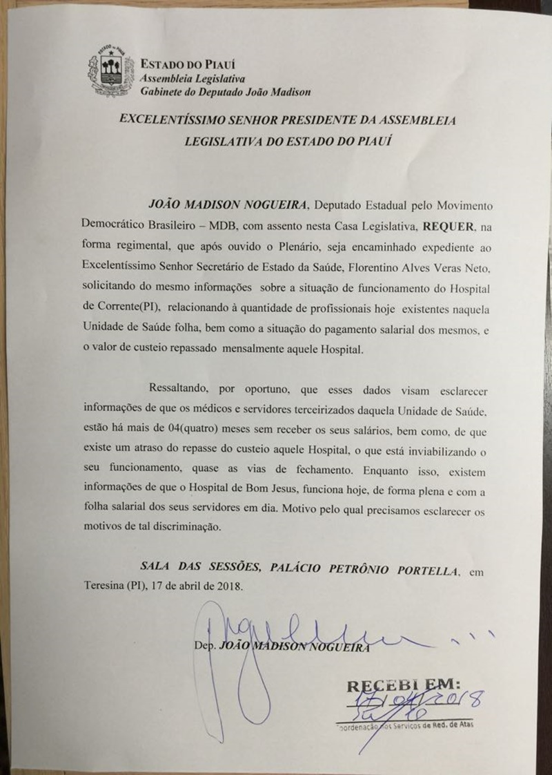 Documento entregue pelo deputado João Mádson a Alepi