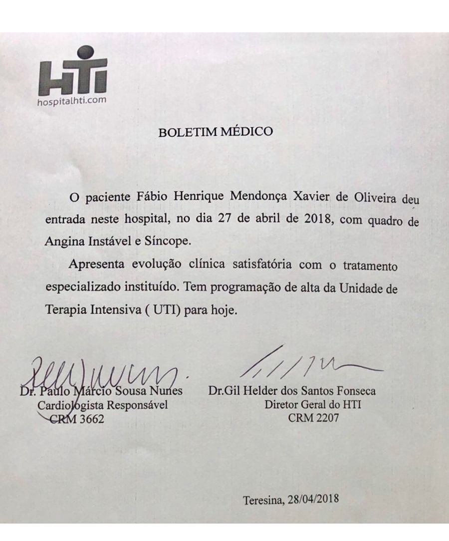 Boletim médico do deputado Fábio Xavier