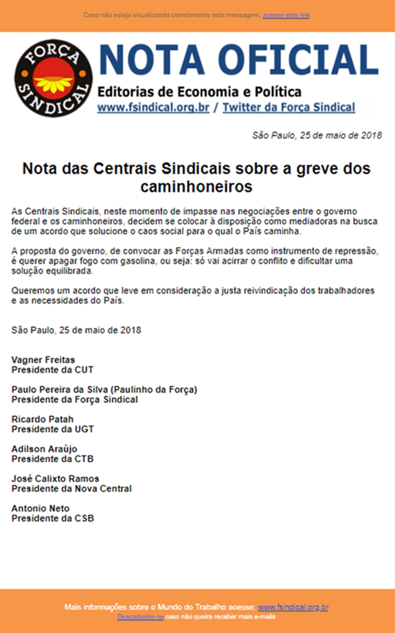Nota das centrais sindicais 