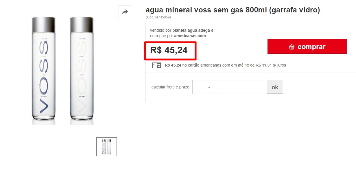Água custa R$ 45,24 na Americanas 