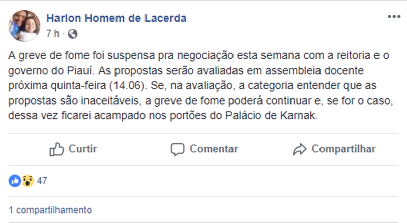 Publicação feita pelo professor neste domingo (10)