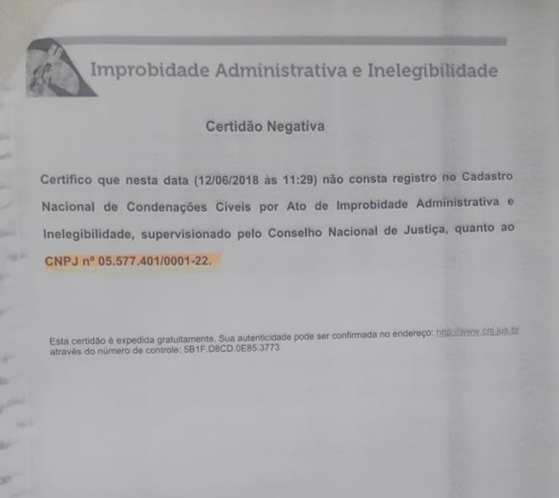 Certidão negativa apresentada pela FMS