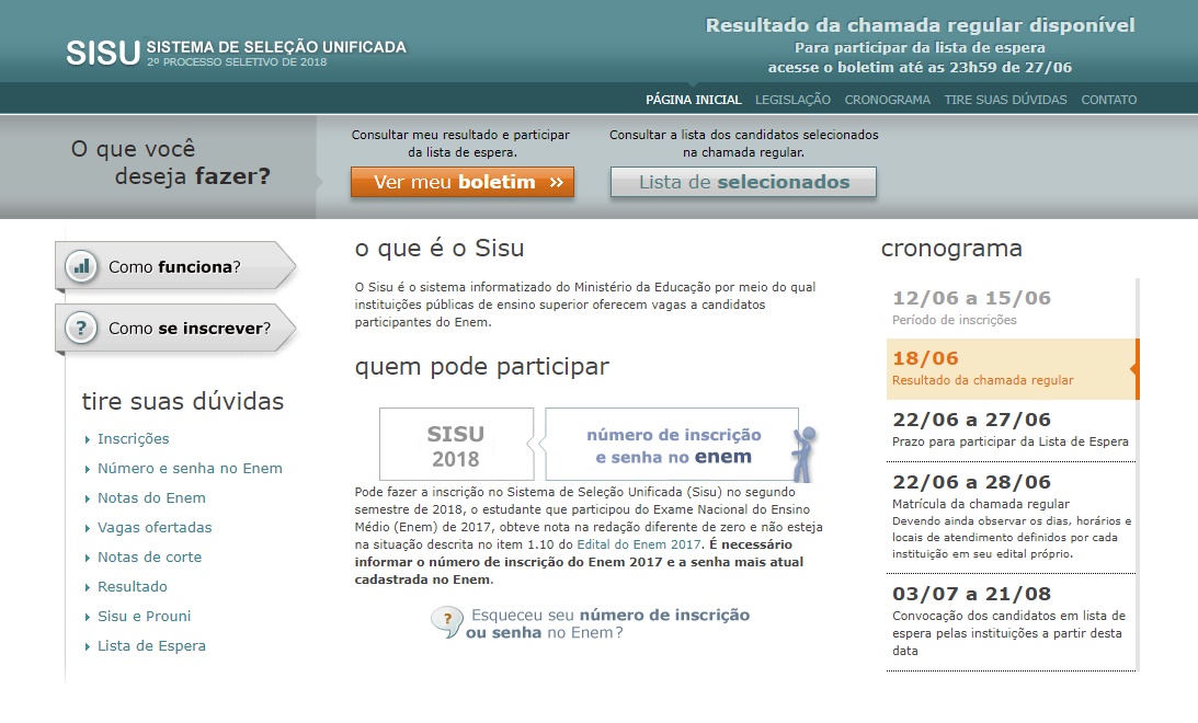 MEC divulga resultado do Sisu 2018.2
