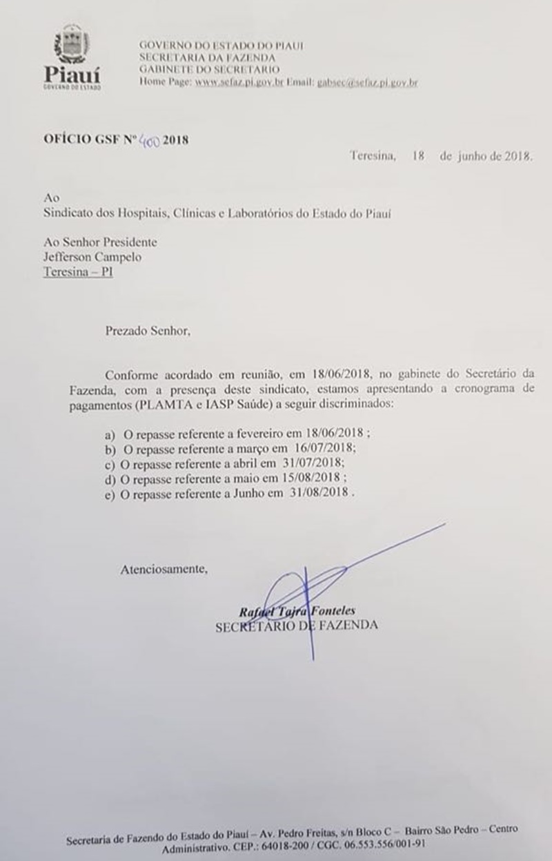 Cronograma de pagamentos do PLAMTA e IASPI