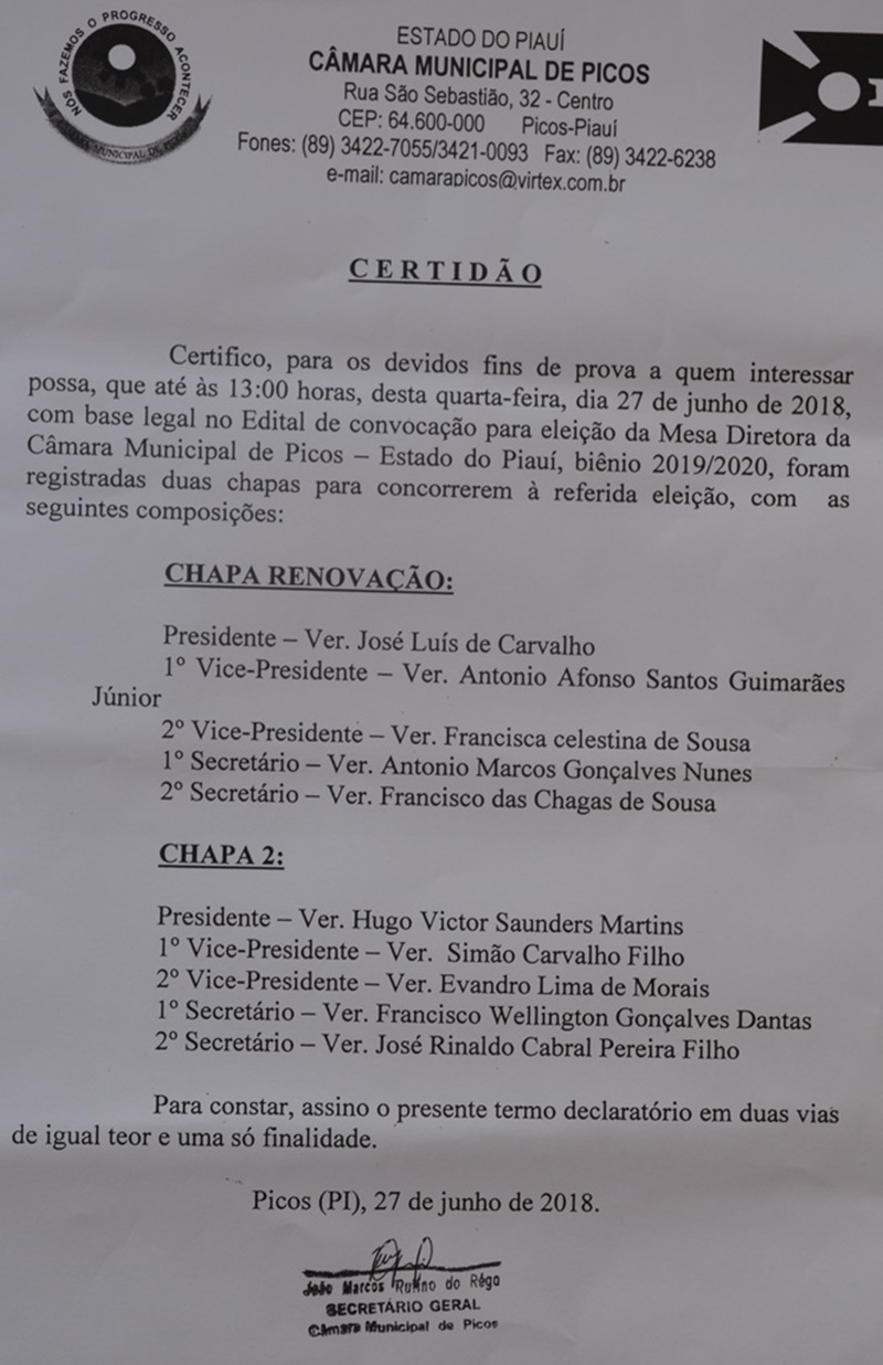 Duas chapas foram registradas