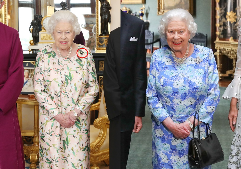 Rainha usando broches presenteados pelo Barck Obama e pelo povo canadense 