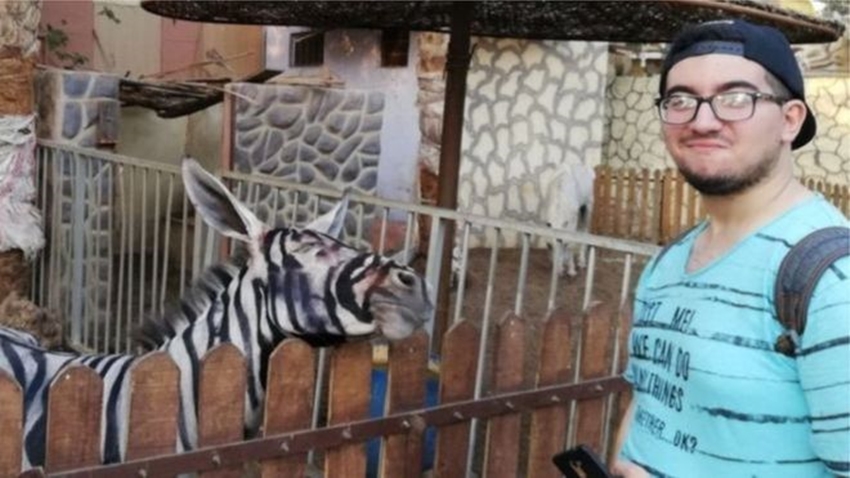 Estudante Mahmoud Sarhan ao lado da suposta zebra