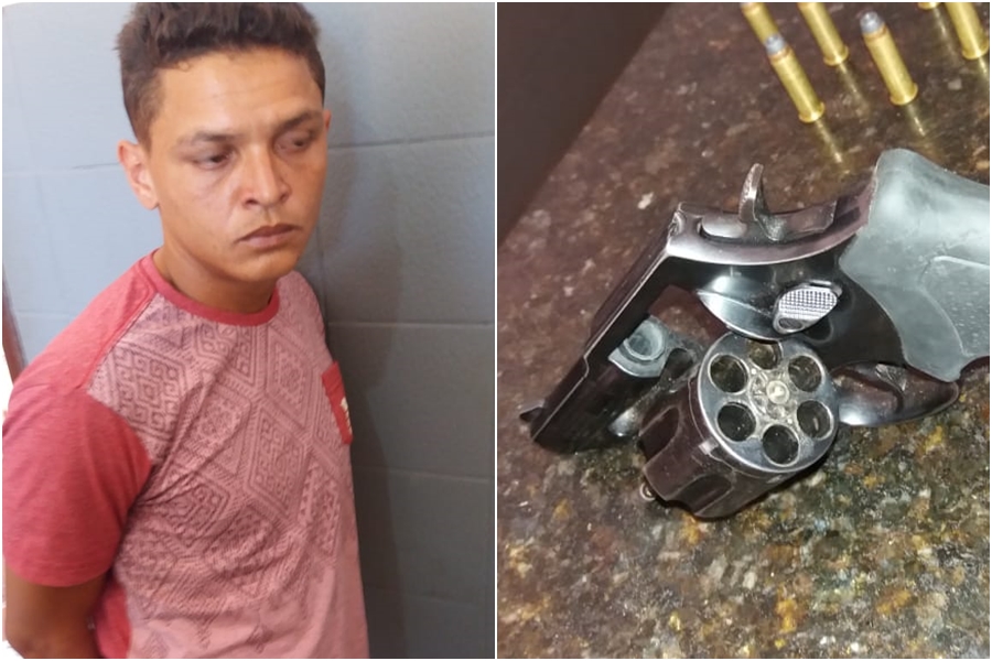 Marlo Garcez e a arma que foi apreendida