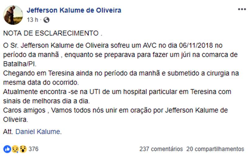 Nota de esclarecimento publicado por Daniel Kalume