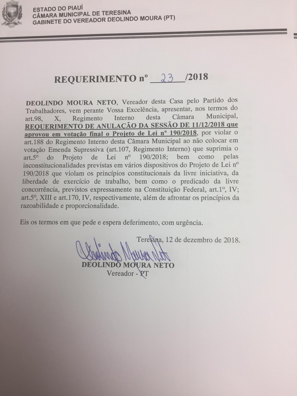 Deolindo pede anulação da sessão que aprovou Lei do Uber