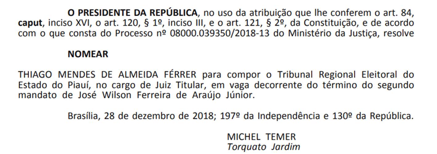 Portaria de nomeação de Thiago Férrer