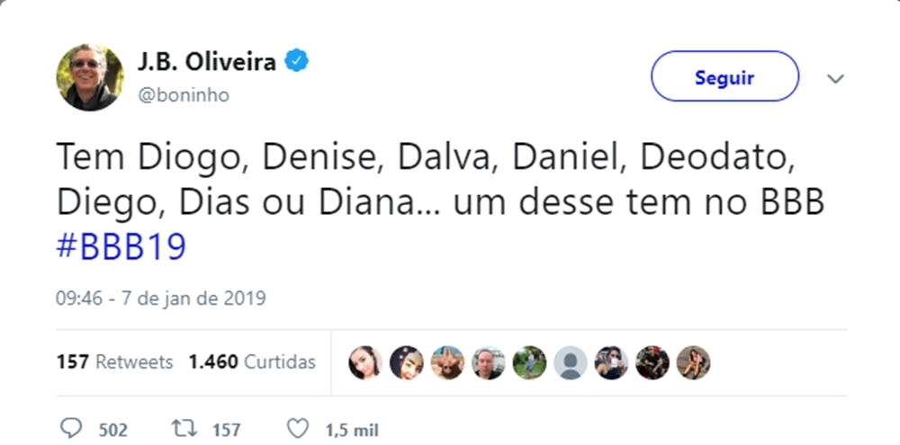 Publicação de Boninho em sua conta do Twitter