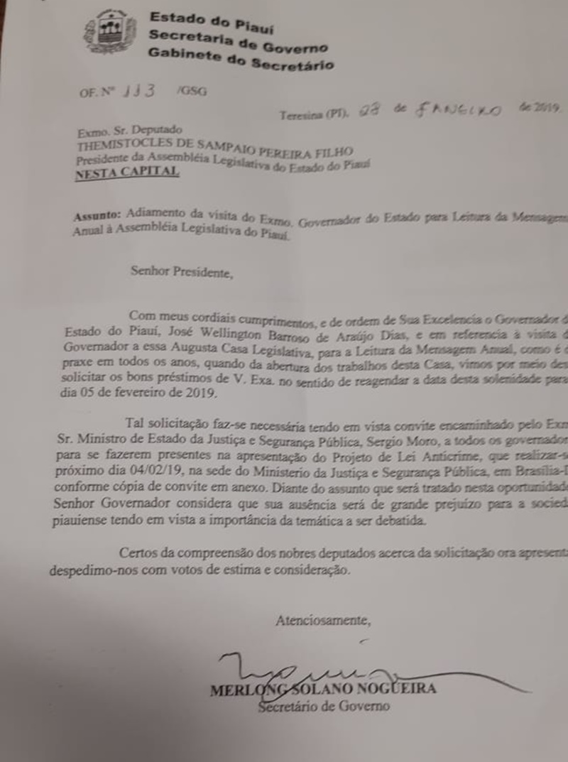 Veja abaixo o ofício de Wellington Dias 