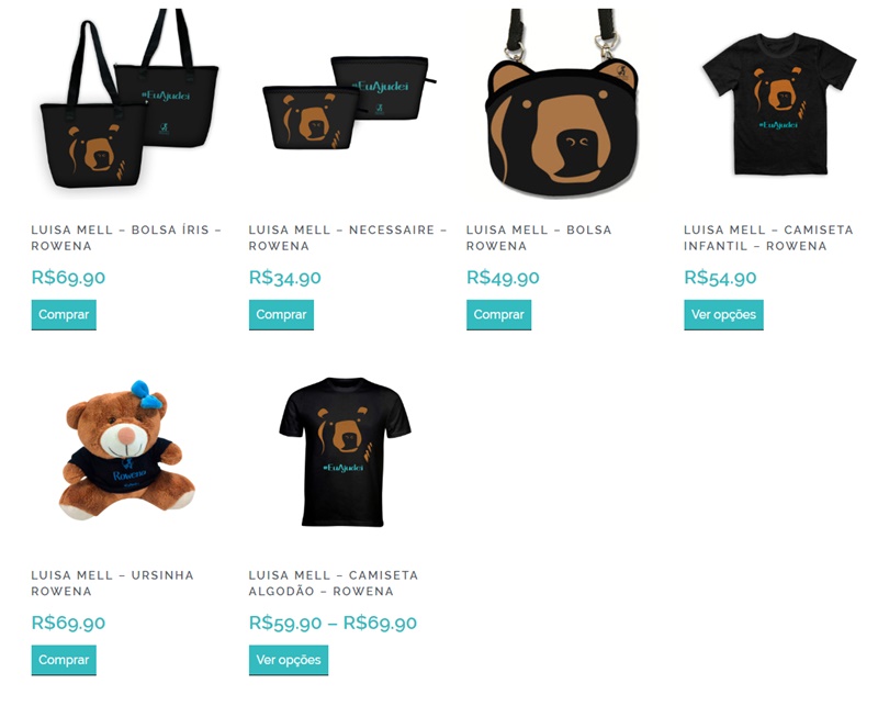 Produtos da ursa Rowena no site do Instituto Luisa Mell