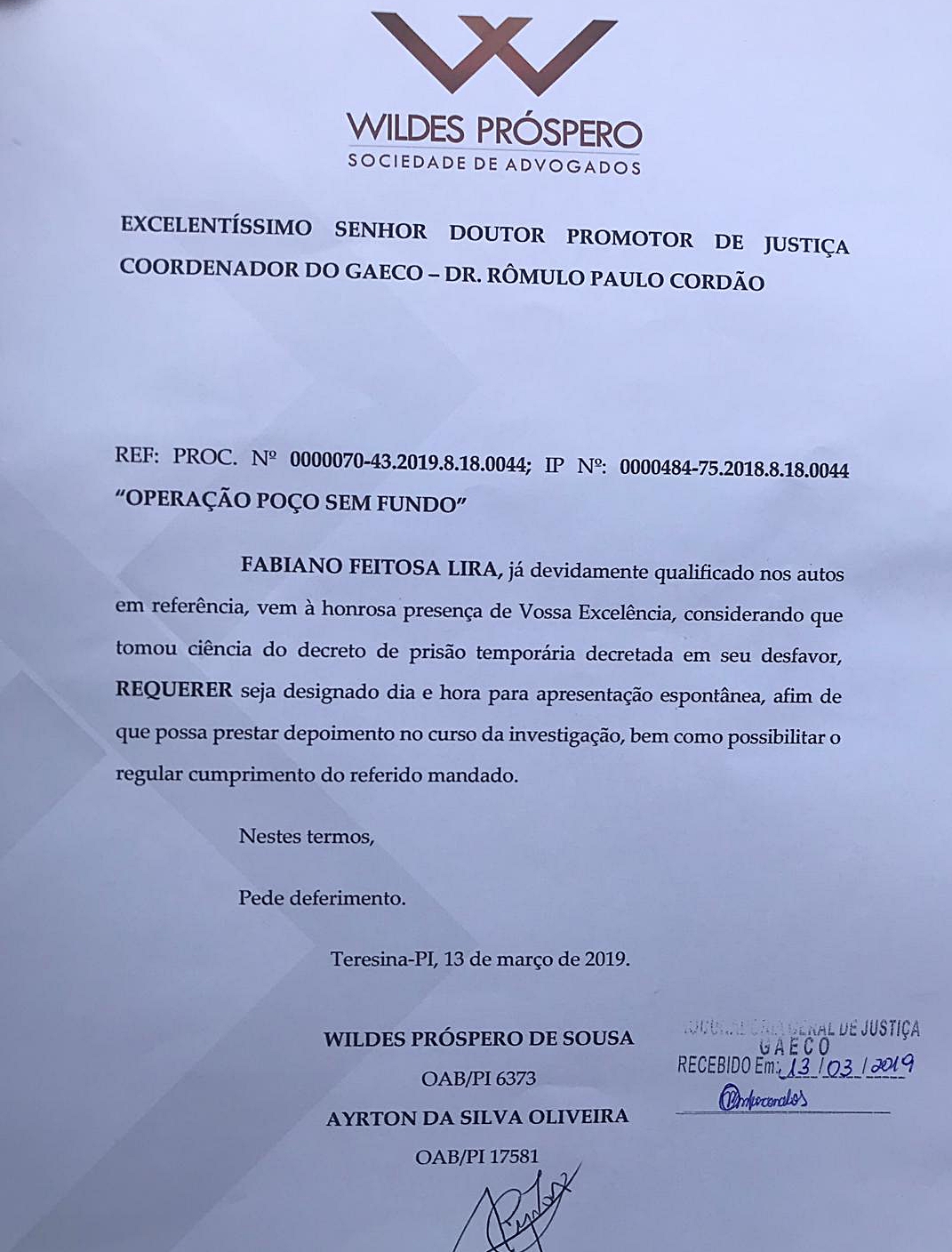 Documento enviado ao Gaeco