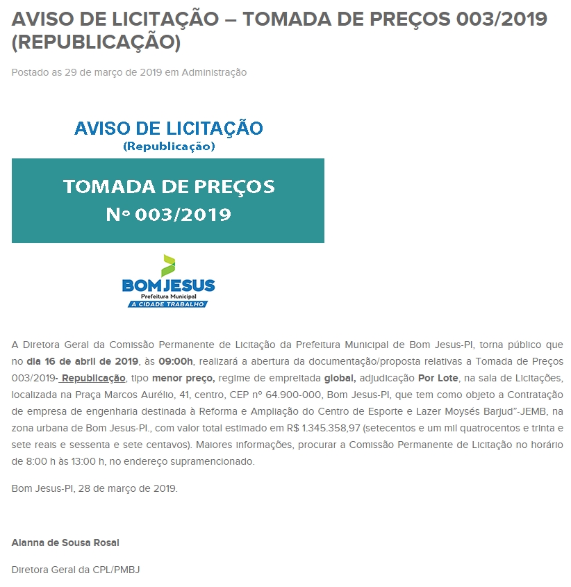 Licitação realizada pela prefeitura de Bom Jesus