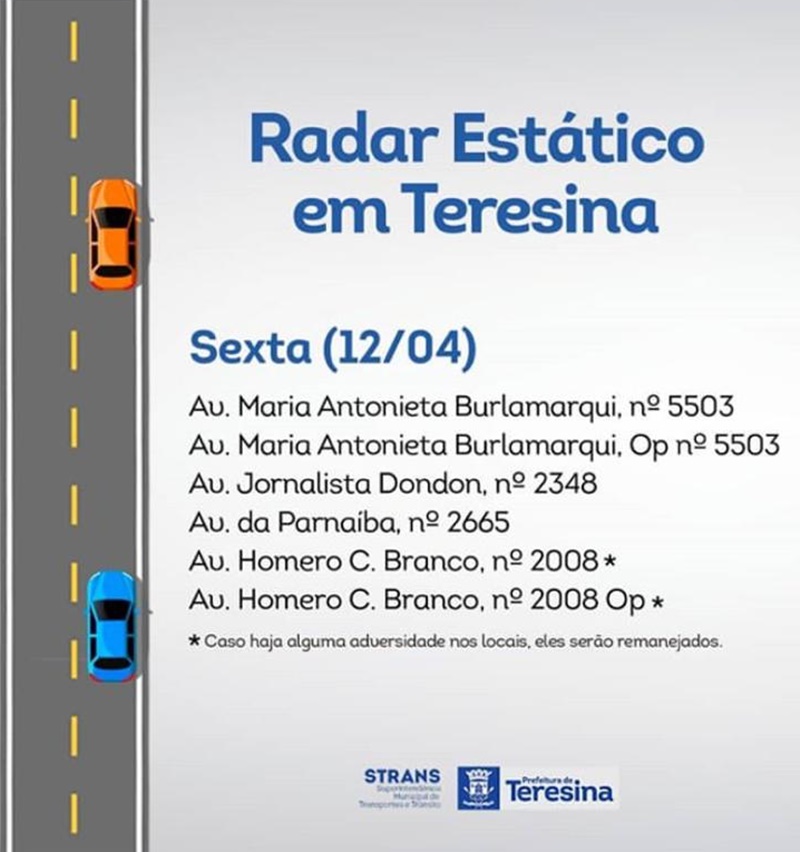 Strans divulga local de radares de velocidade em Teresina