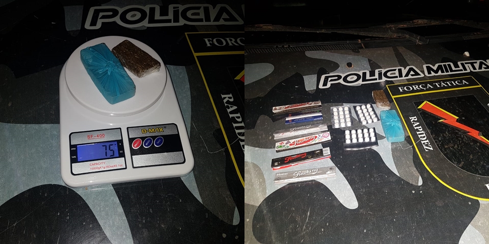 Força Tática apreende 2 tabletes de maconha e 51 comprimidos de anfetamina.
