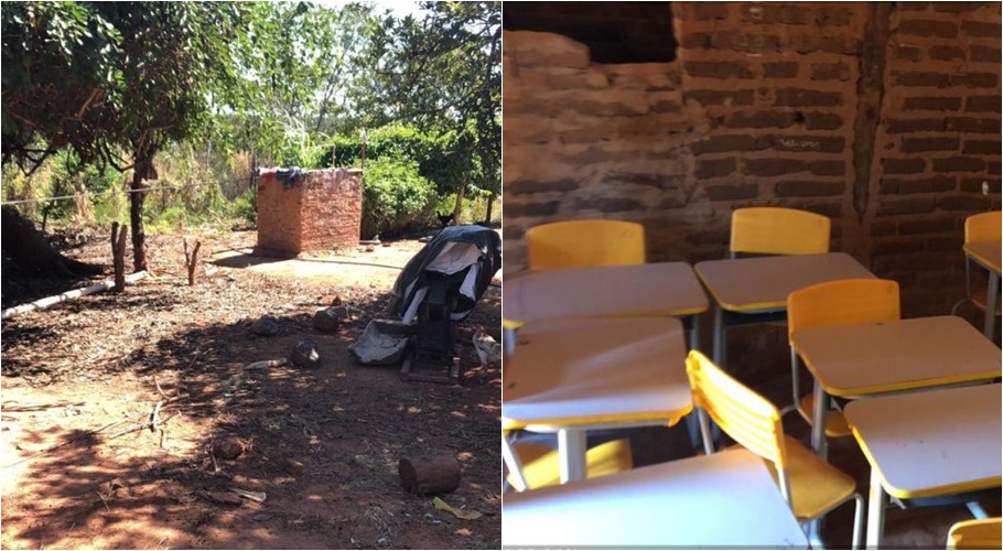 À esquerda o local onde os alunos utilizam como banheiro e à direita a sala de aula