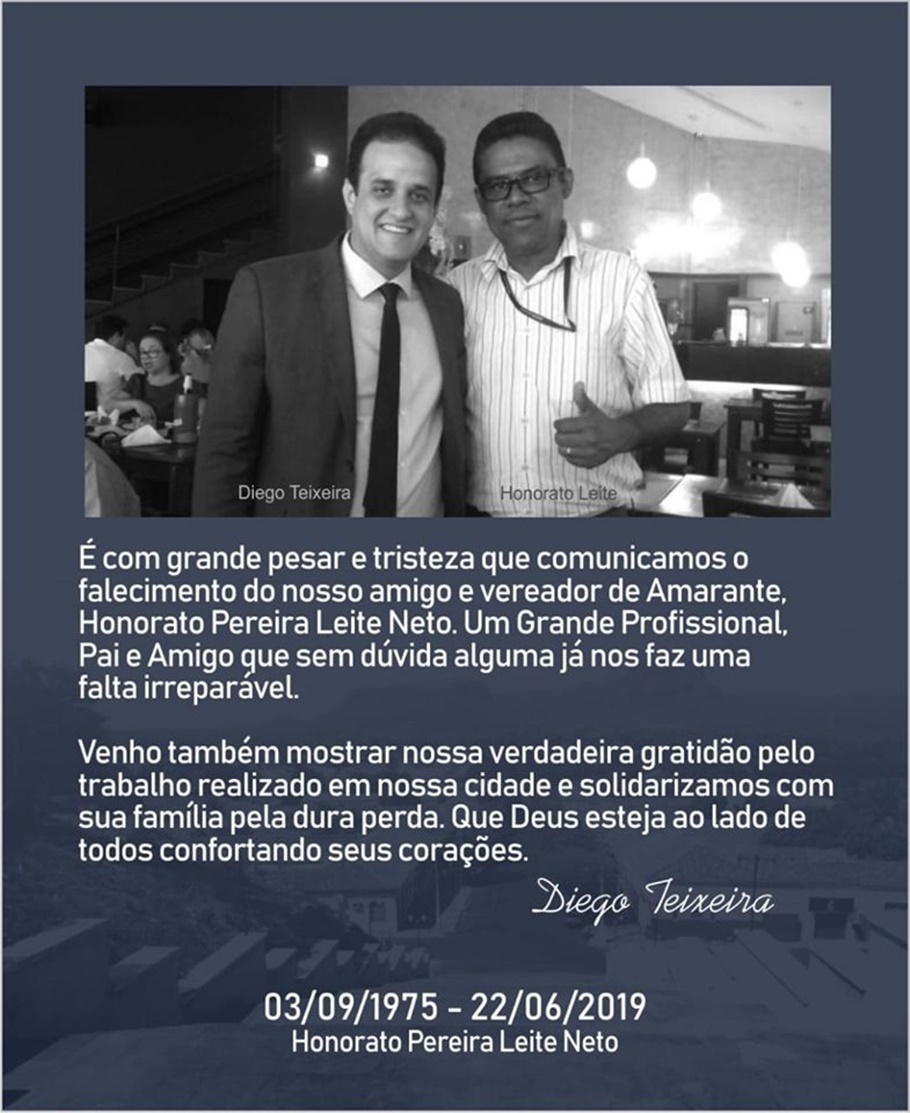 Prefeito Diego Teixeira lamenta morte do vereador Honorato Neto