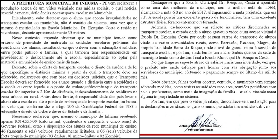 Nota da Prefeitura de Inhuma