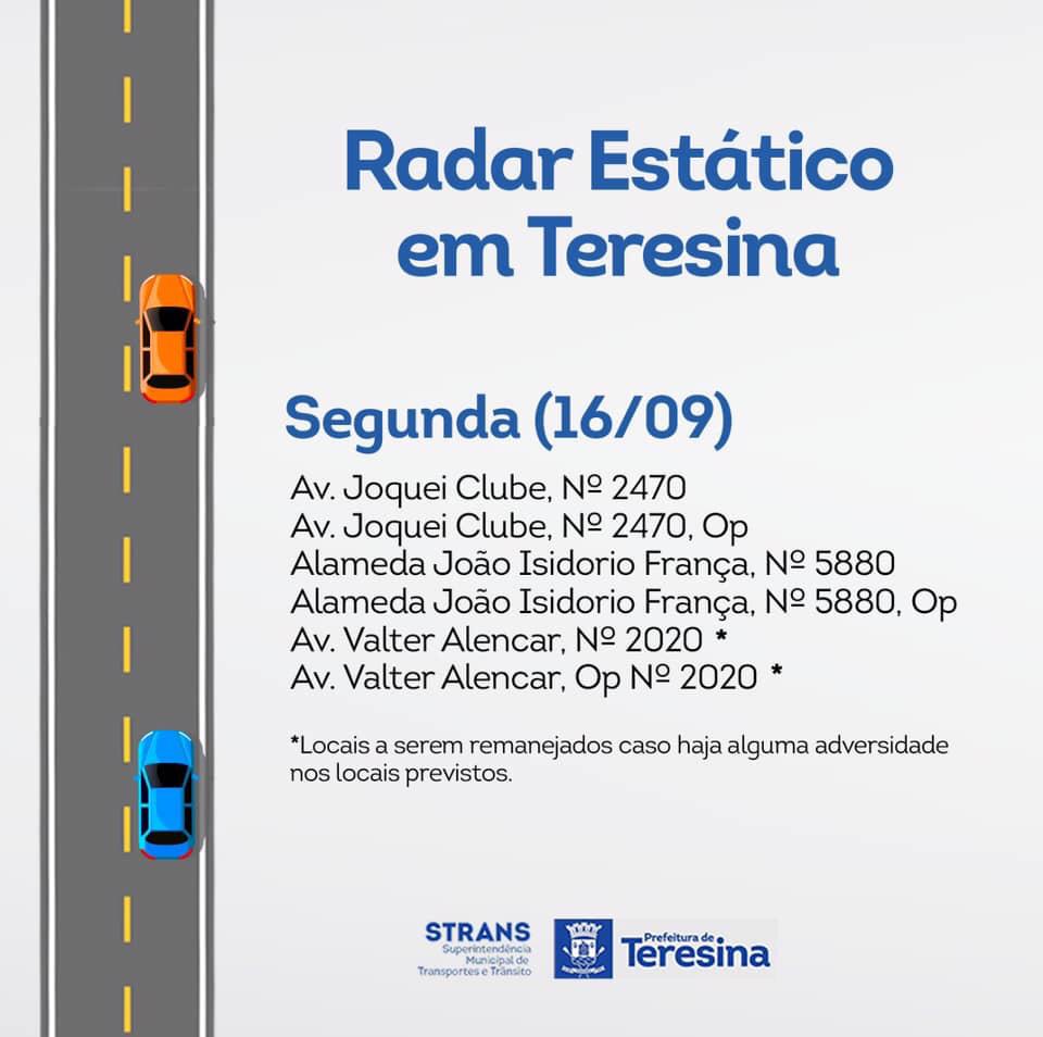 Locais com radares móveis em Teresina nesta segunda-feira(16) 