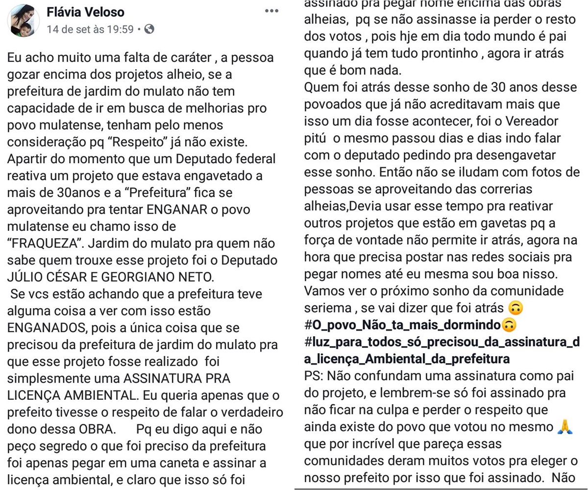 Postagem da esposa do vereador